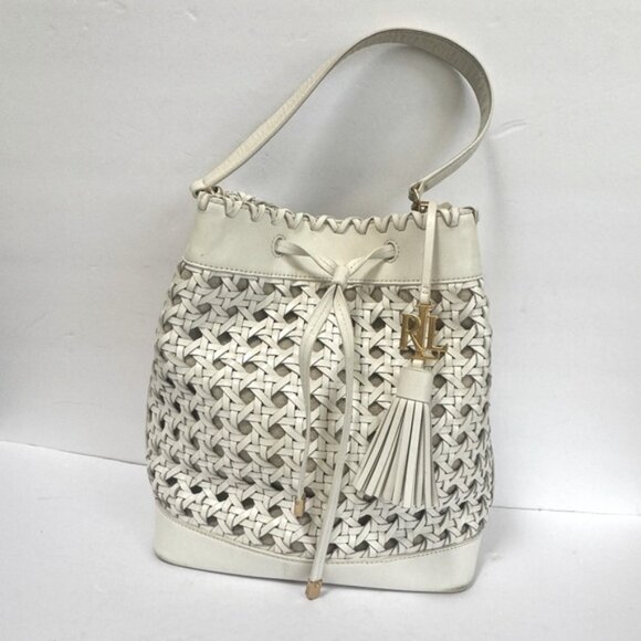 Ralph Lauren Woven Leather Debby Tassel Logo Drawstring Shoulder Bag Bucket Tote - Picture 2 of 16